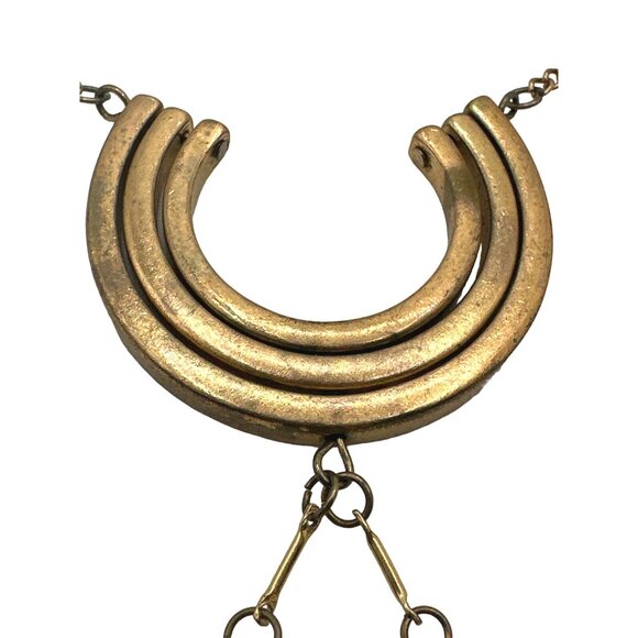 Long Crescent Dangle Retro Statement Necklace Vintage Gold Tone - Picture 6 of 9